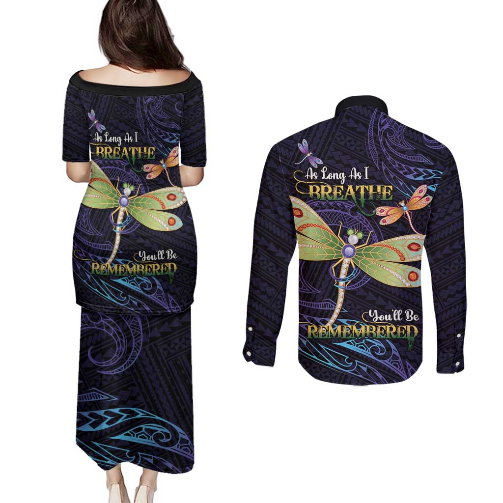 As Long As I Breathe You'll Be Remembered Couples Matching Puletasi and Long Sleeve Button Shirt Dragonflies Memorial - Polynesian Pattern