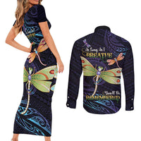 As Long As I Breathe You'll Be Remembered Couples Matching Short Sleeve Bodycon Dress and Long Sleeve Button Shirt Dragonflies Memorial - Polynesian Pattern