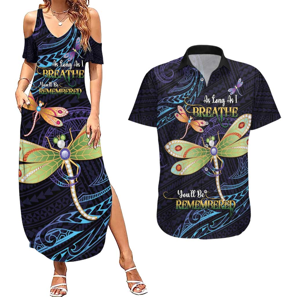 As Long As I Breathe You'll Be Remembered Couples Matching Summer Maxi Dress and Hawaiian Shirt Dragonflies Memorial - Polynesian Pattern