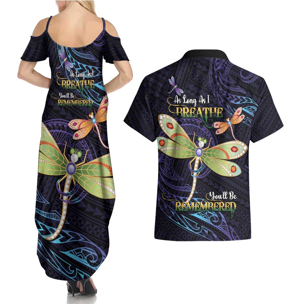 As Long As I Breathe You'll Be Remembered Couples Matching Summer Maxi Dress and Hawaiian Shirt Dragonflies Memorial - Polynesian Pattern