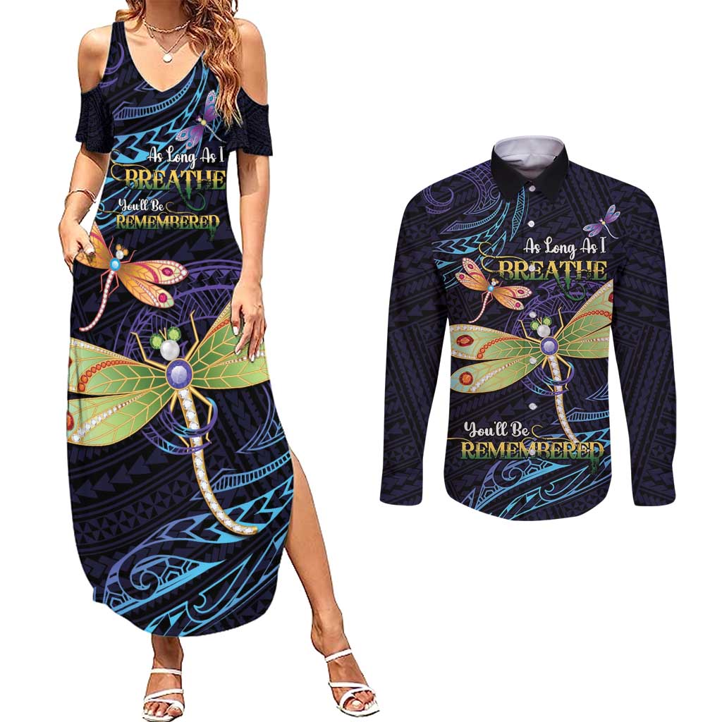 As Long As I Breathe You'll Be Remembered Couples Matching Summer Maxi Dress and Long Sleeve Button Shirt Dragonflies Memorial - Polynesian Pattern