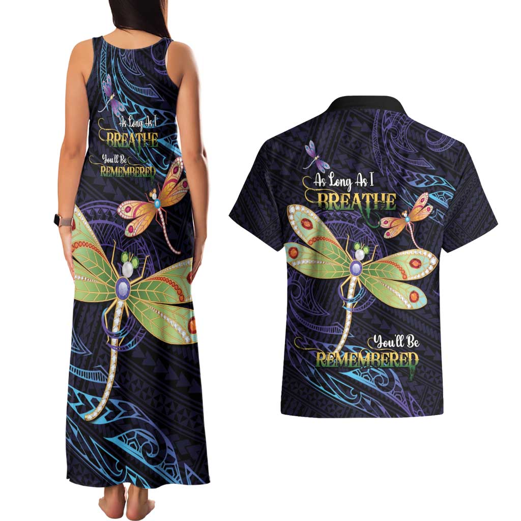 As Long As I Breathe You'll Be Remembered Couples Matching Tank Maxi Dress and Hawaiian Shirt Dragonflies Memorial - Polynesian Pattern