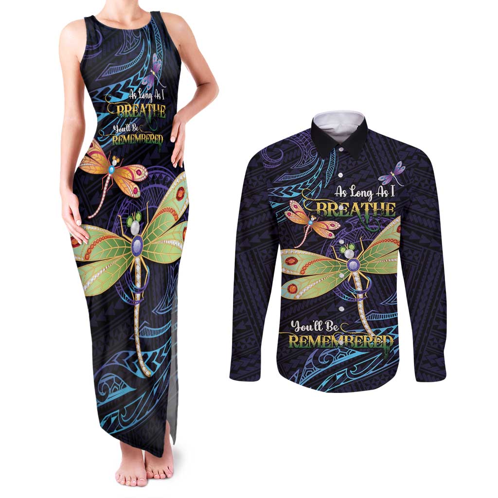 As Long As I Breathe You'll Be Remembered Couples Matching Tank Maxi Dress and Long Sleeve Button Shirt Dragonflies Memorial - Polynesian Pattern