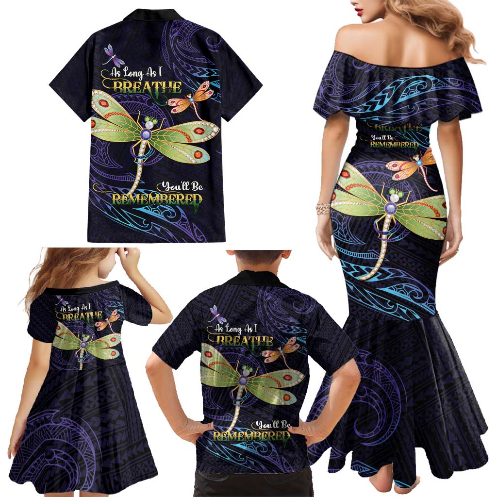 As Long As I Breathe You'll Be Remembered Family Matching Mermaid Dress and Hawaiian Shirt Dragonflies Memorial - Polynesian Pattern
