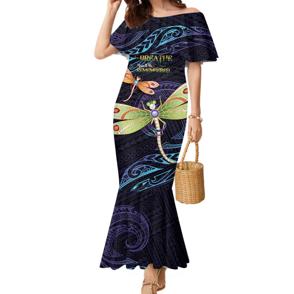As Long As I Breathe You'll Be Remembered Family Matching Mermaid Dress and Hawaiian Shirt Dragonflies Memorial - Polynesian Pattern