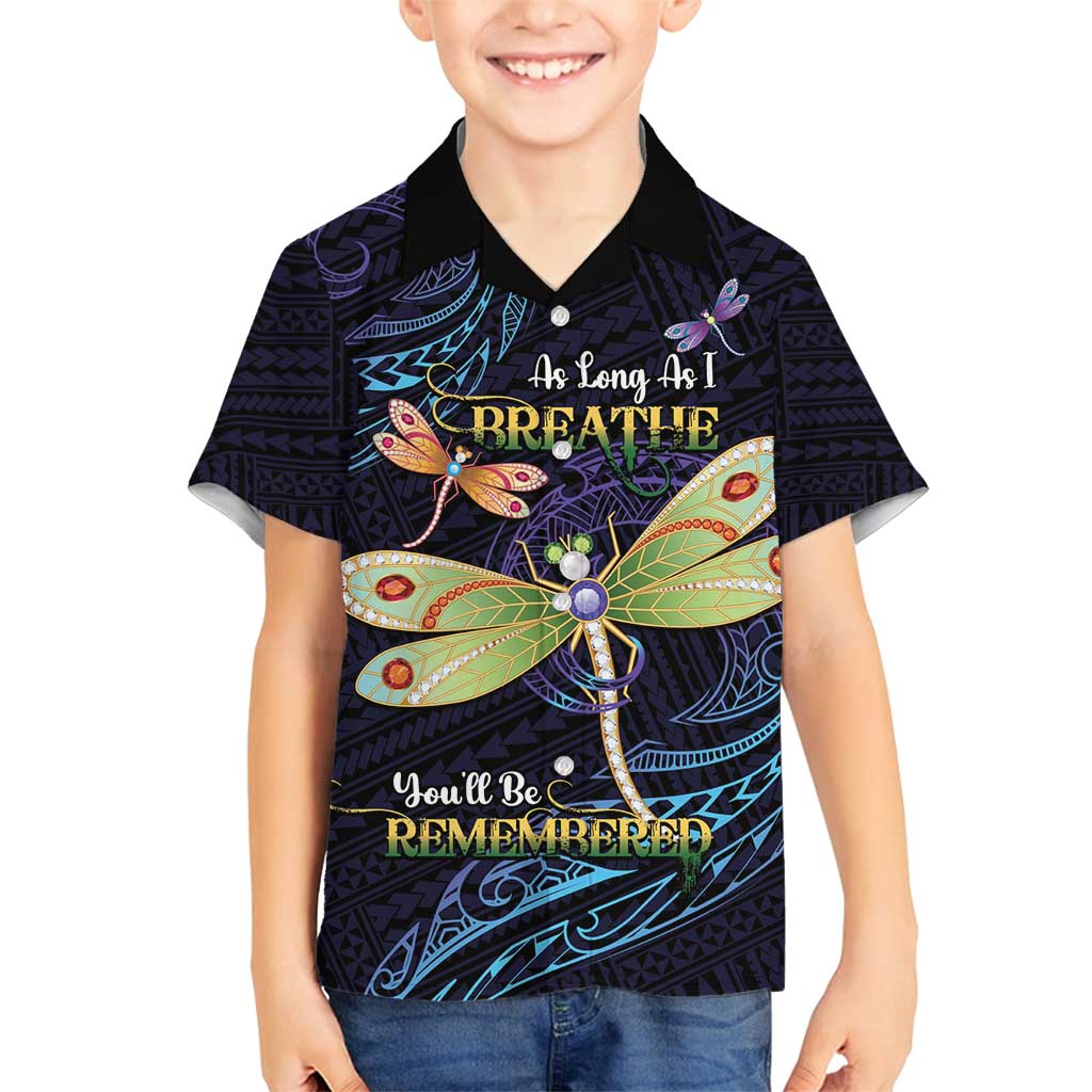 As Long As I Breathe You'll Be Remembered Family Matching Off Shoulder Short Dress and Hawaiian Shirt Dragonflies Memorial - Polynesian Pattern