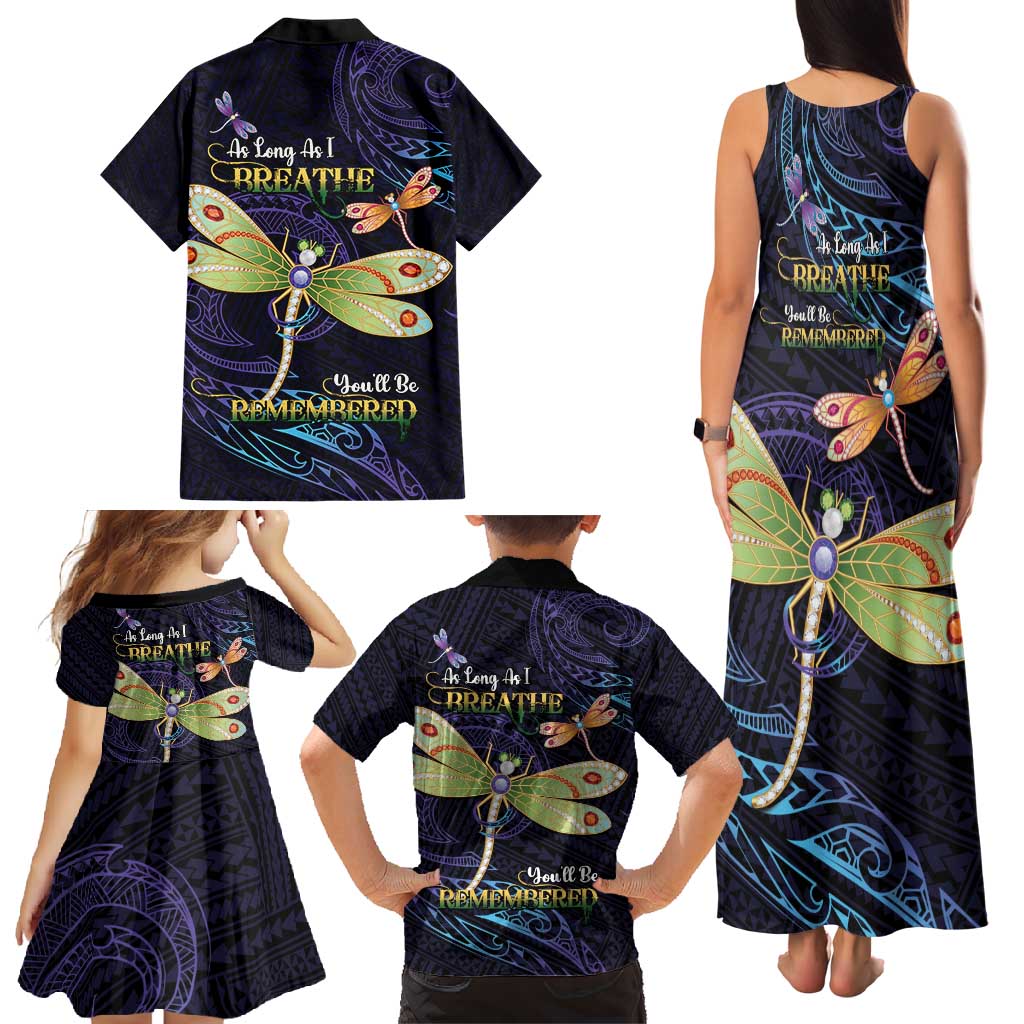 As Long As I Breathe You'll Be Remembered Family Matching Tank Maxi Dress and Hawaiian Shirt Dragonflies Memorial - Polynesian Pattern