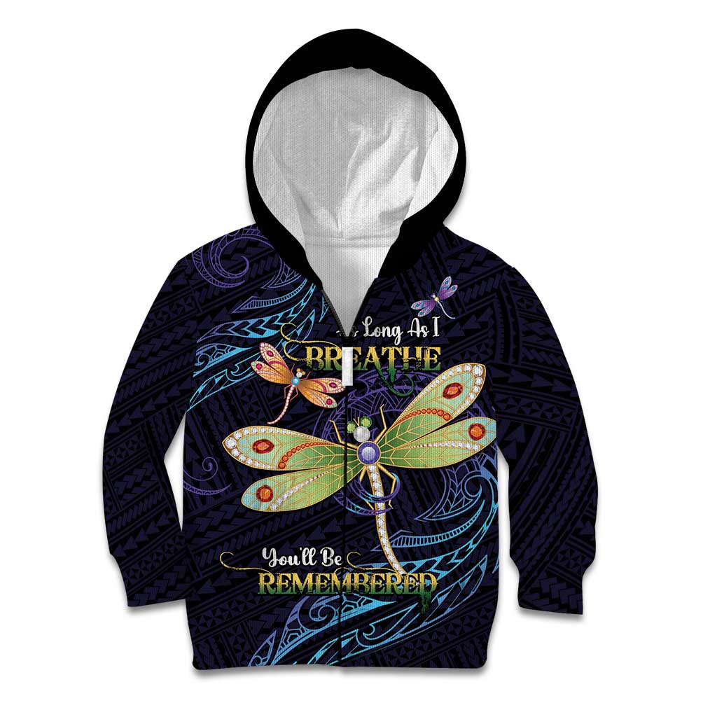 As Long As I Breathe You'll Be Remembered Kid Hoodie Dragonflies Memorial - Polynesian Pattern