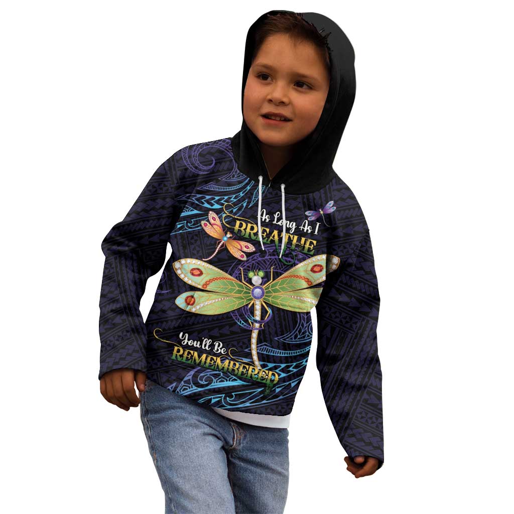 As Long As I Breathe You'll Be Remembered Kid Hoodie Dragonflies Memorial - Polynesian Pattern