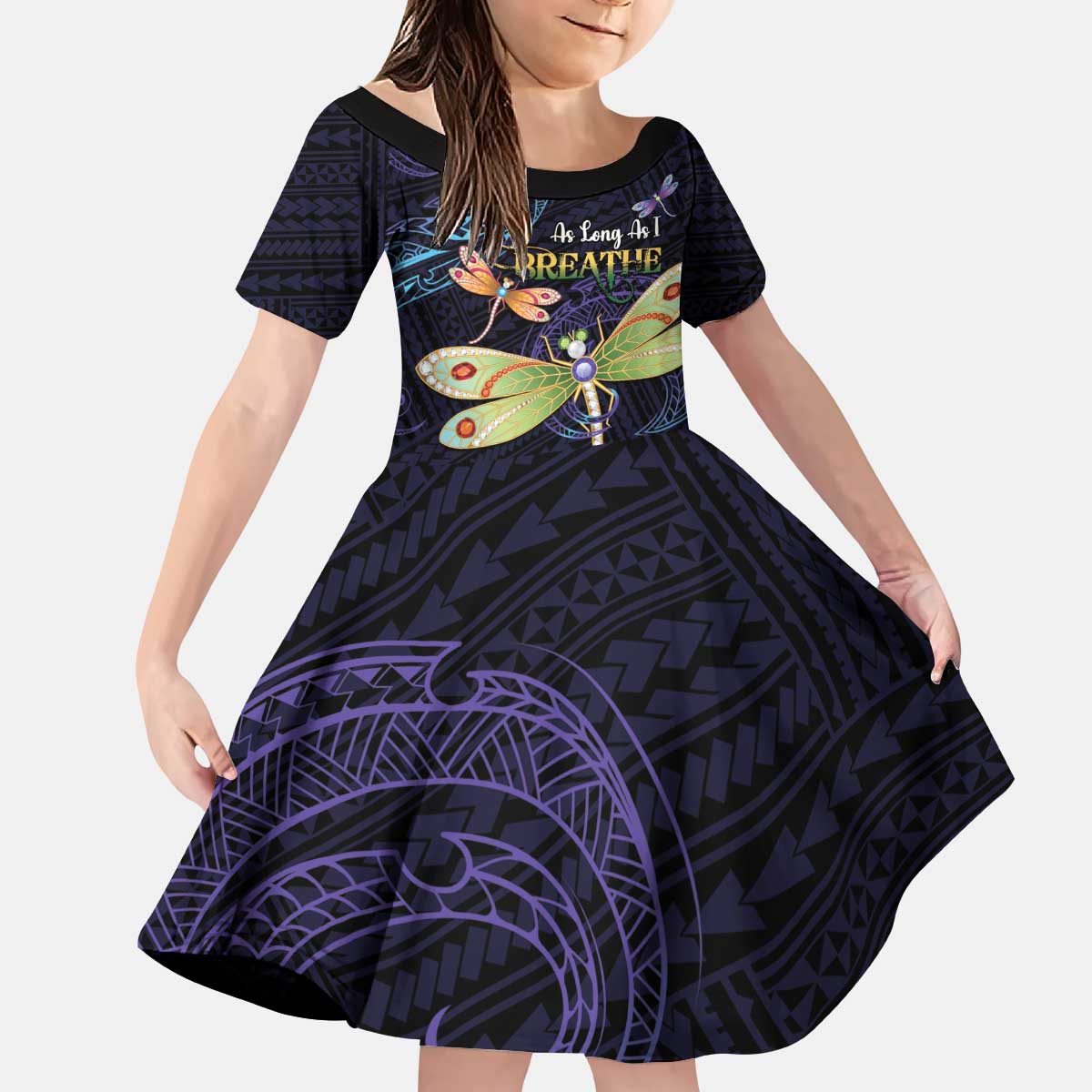 As Long As I Breathe You'll Be Remembered Kid Short Sleeve Dress Dragonflies Memorial - Polynesian Pattern LT14 KID Black - Polynesian Pride