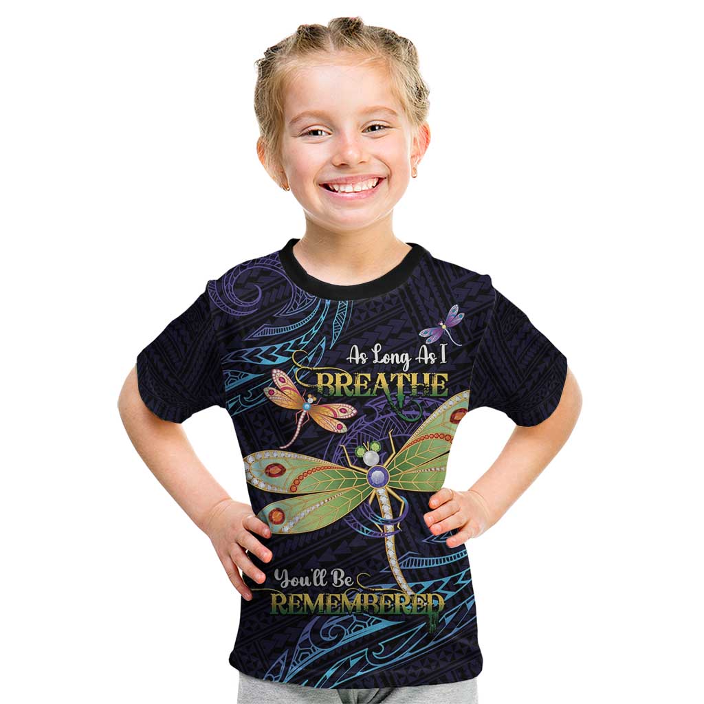 As Long As I Breathe You'll Be Remembered Kid T Shirt Dragonflies Memorial - Polynesian Pattern LT14 Black - Polynesian Pride