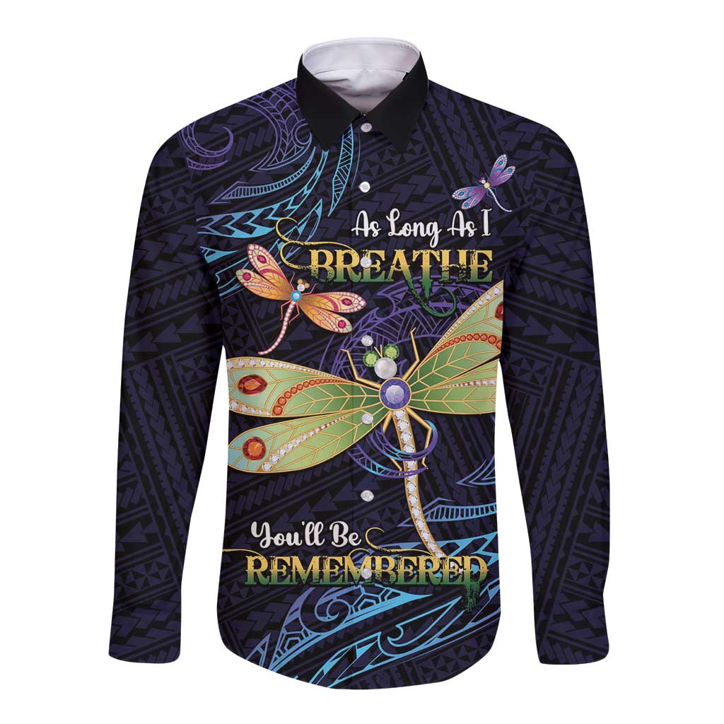 As Long As I Breathe You'll Be Remembered Long Sleeve Button Shirt Dragonflies Memorial - Polynesian Pattern LT14 Unisex Black - Polynesian Pride
