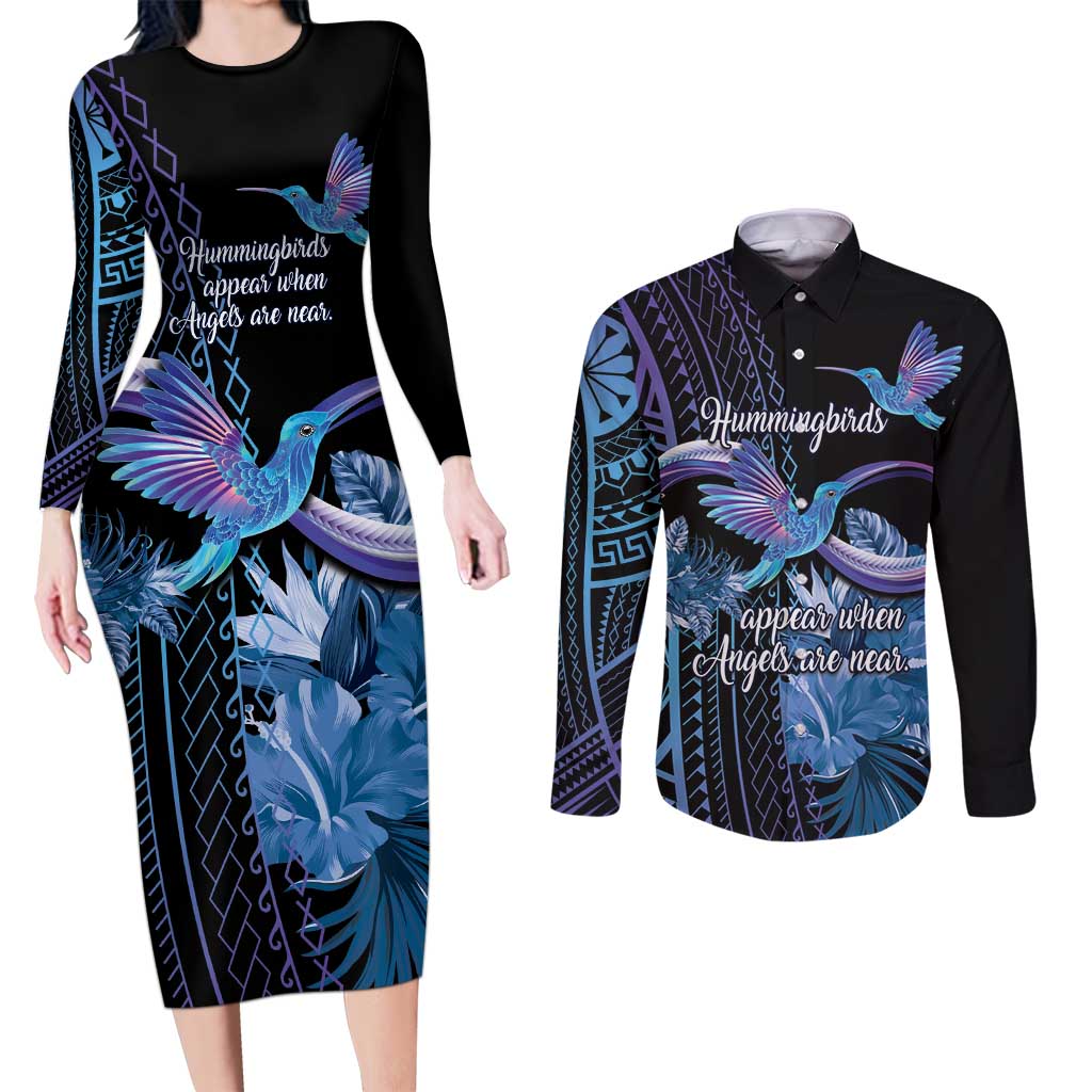 Polynesian Memorial Couples Matching Long Sleeve Bodycon Dress and Long Sleeve Button Shirt Hummingbirds Appear When Angels Are Near LT14