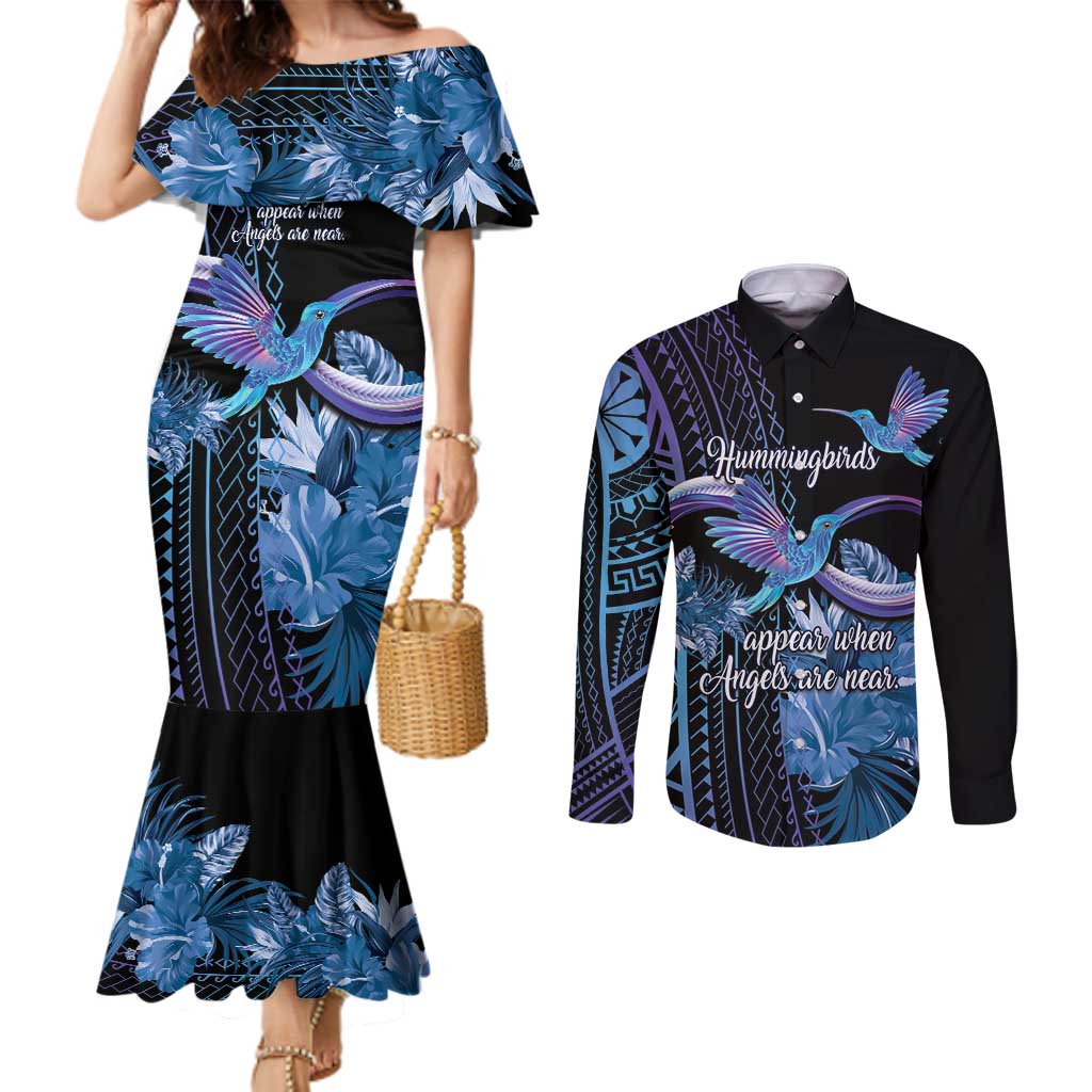 Polynesian Memorial Couples Matching Mermaid Dress and Long Sleeve Button Shirt Hummingbirds Appear When Angels Are Near LT14
