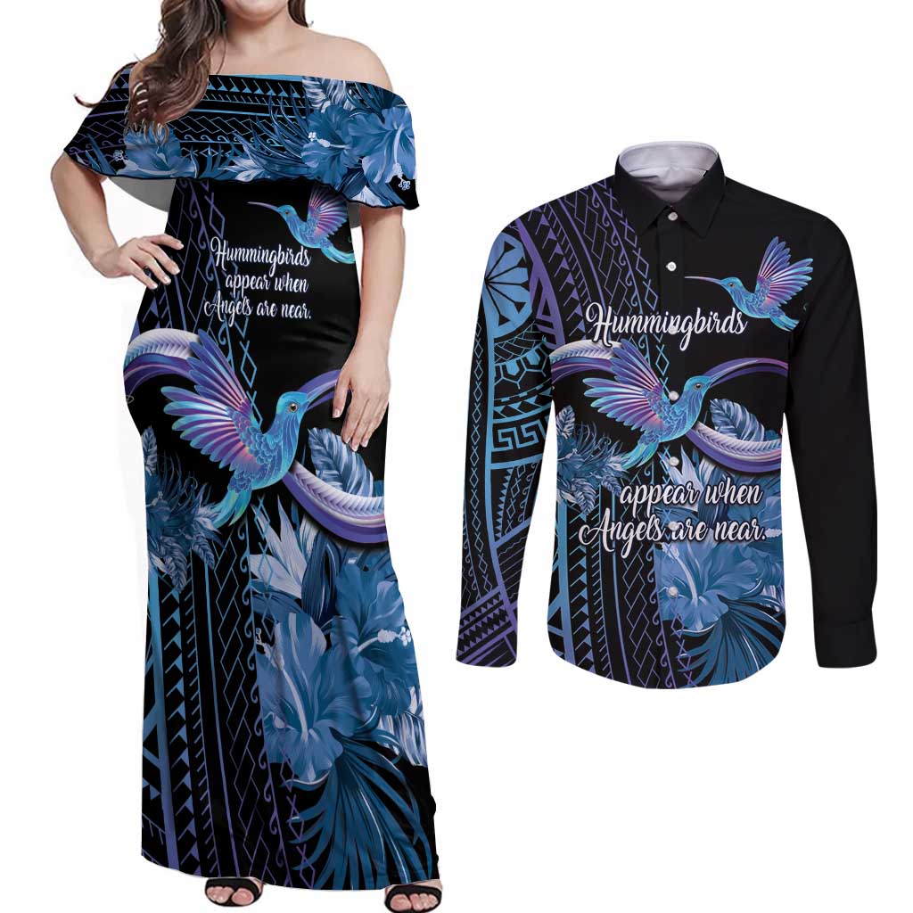 Polynesian Memorial Couples Matching Off Shoulder Maxi Dress and Long Sleeve Button Shirt Hummingbirds Appear When Angels Are Near LT14