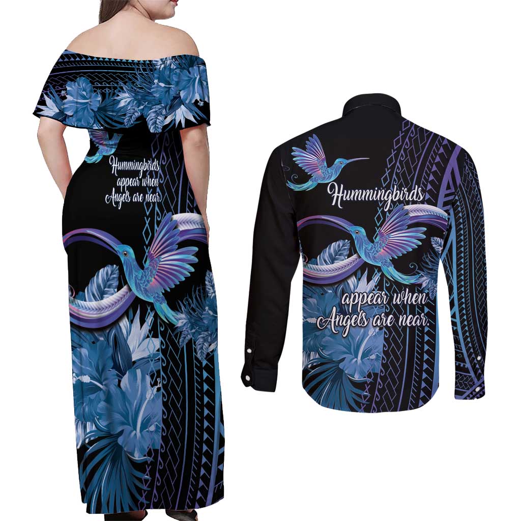 Polynesian Memorial Couples Matching Off Shoulder Maxi Dress and Long Sleeve Button Shirt Hummingbirds Appear When Angels Are Near LT14