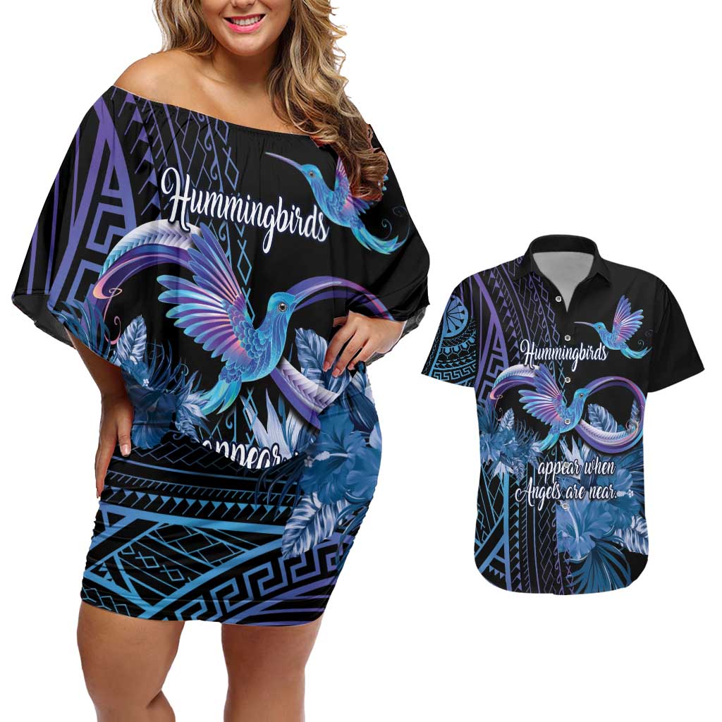 Polynesian Memorial Couples Matching Off Shoulder Short Dress and Hawaiian Shirt Hummingbirds Appear When Angels Are Near LT14