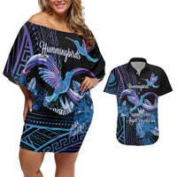Polynesian Memorial Couples Matching Off Shoulder Short Dress and Hawaiian Shirt Hummingbirds Appear When Angels Are Near LT14