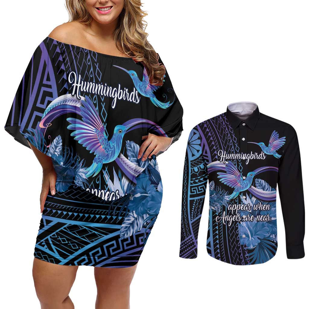 Polynesian Memorial Couples Matching Off Shoulder Short Dress and Long Sleeve Button Shirt Hummingbirds Appear When Angels Are Near LT14