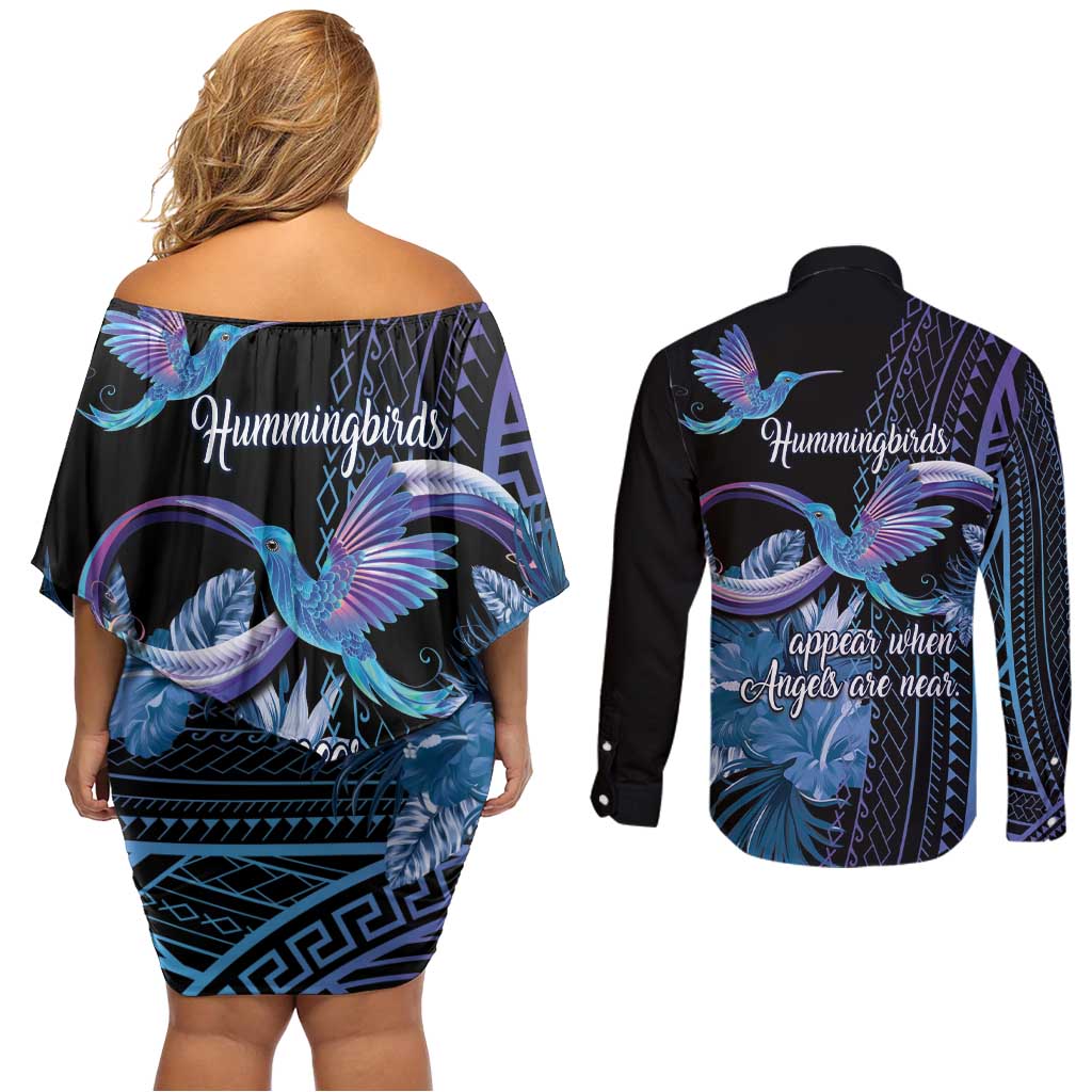 Polynesian Memorial Couples Matching Off Shoulder Short Dress and Long Sleeve Button Shirt Hummingbirds Appear When Angels Are Near LT14