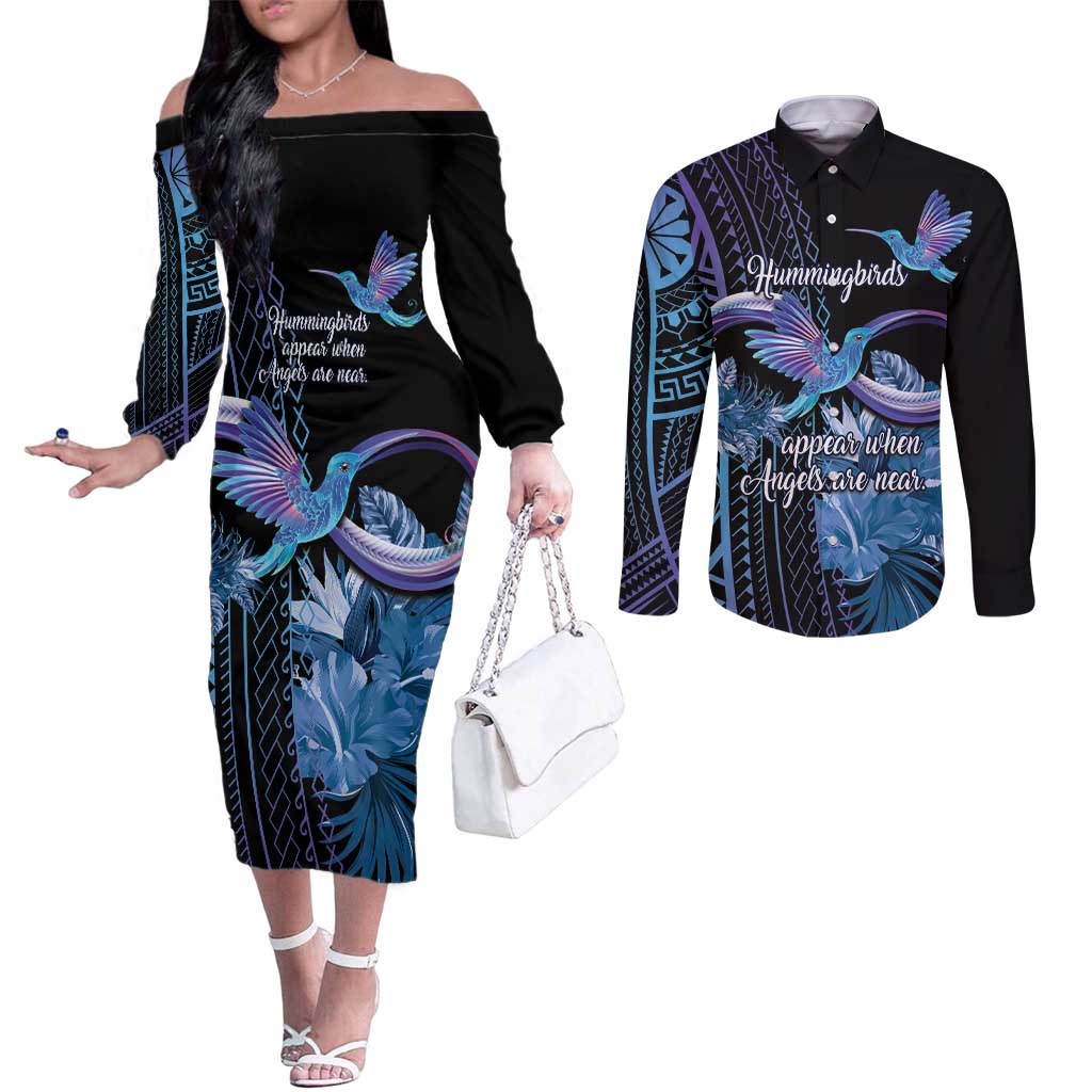 Polynesian Memorial Couples Matching Off The Shoulder Long Sleeve Dress and Long Sleeve Button Shirt Hummingbirds Appear When Angels Are Near LT14