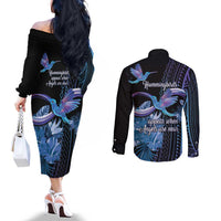 Polynesian Memorial Couples Matching Off The Shoulder Long Sleeve Dress and Long Sleeve Button Shirt Hummingbirds Appear When Angels Are Near LT14