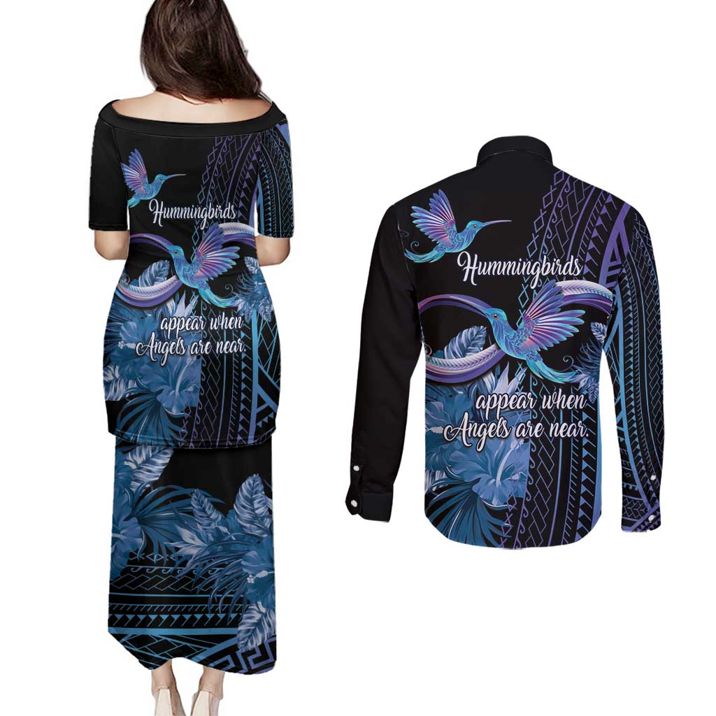 Polynesian Memorial Couples Matching Puletasi and Long Sleeve Button Shirt Hummingbirds Appear When Angels Are Near LT14