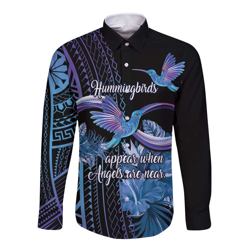 Polynesian Memorial Long Sleeve Button Shirt Hummingbirds Appear When Angels Are Near LT14 Unisex Black - Polynesian Pride