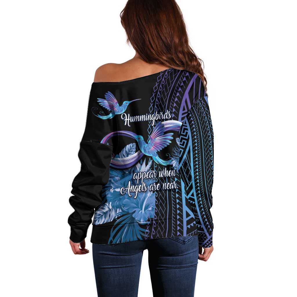 Polynesian Memorial Off Shoulder Sweater Hummingbirds Appear When Angels Are Near LT14