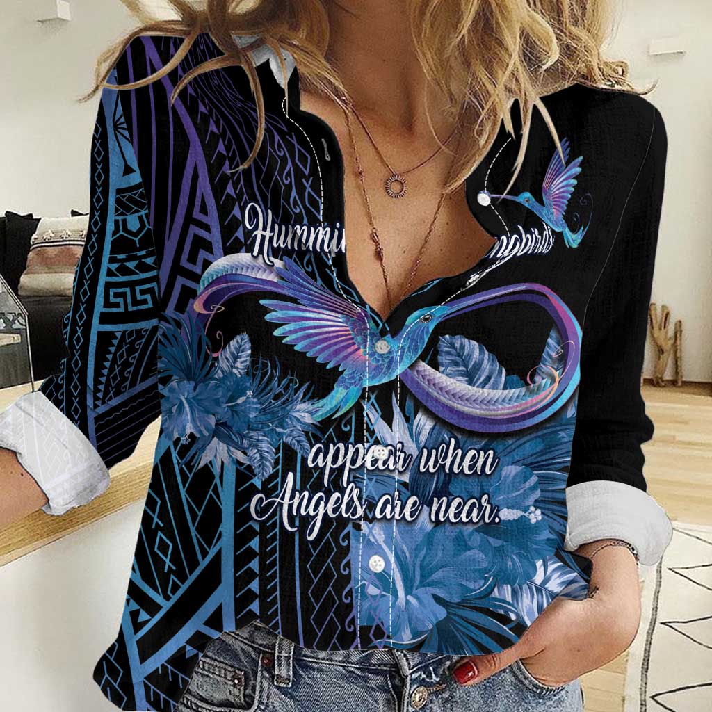 Polynesian Memorial Women Casual Shirt Hummingbirds Appear When Angels Are Near LT14 Female Black - Polynesian Pride