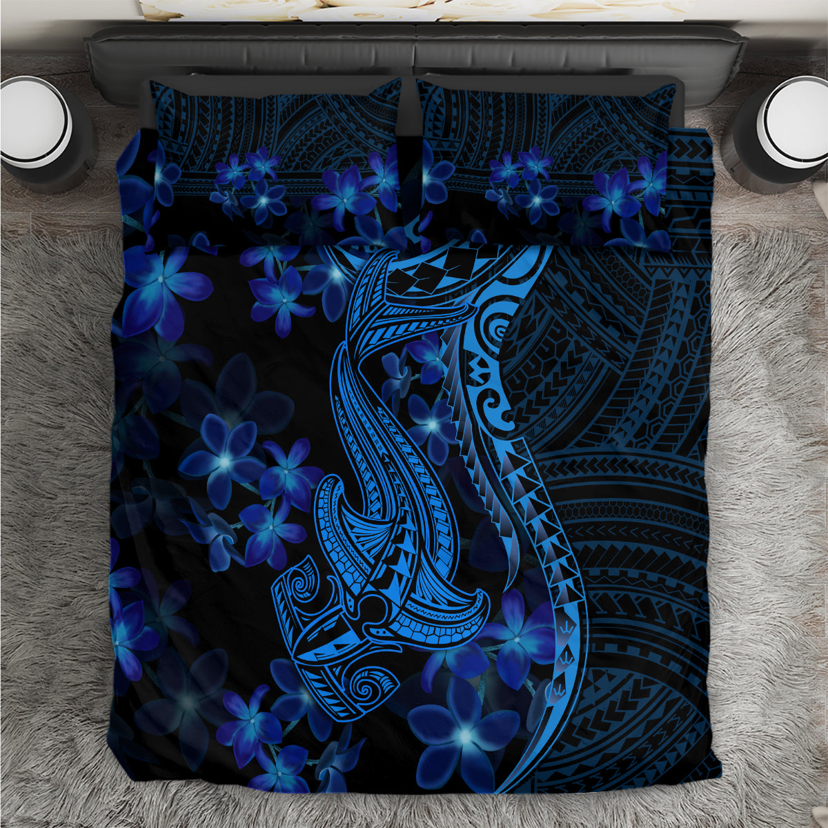 Blue Polynesia Shark Tattoo Bedding Set With Polynesian Plumeria LT14 Blue - Polynesian Pride