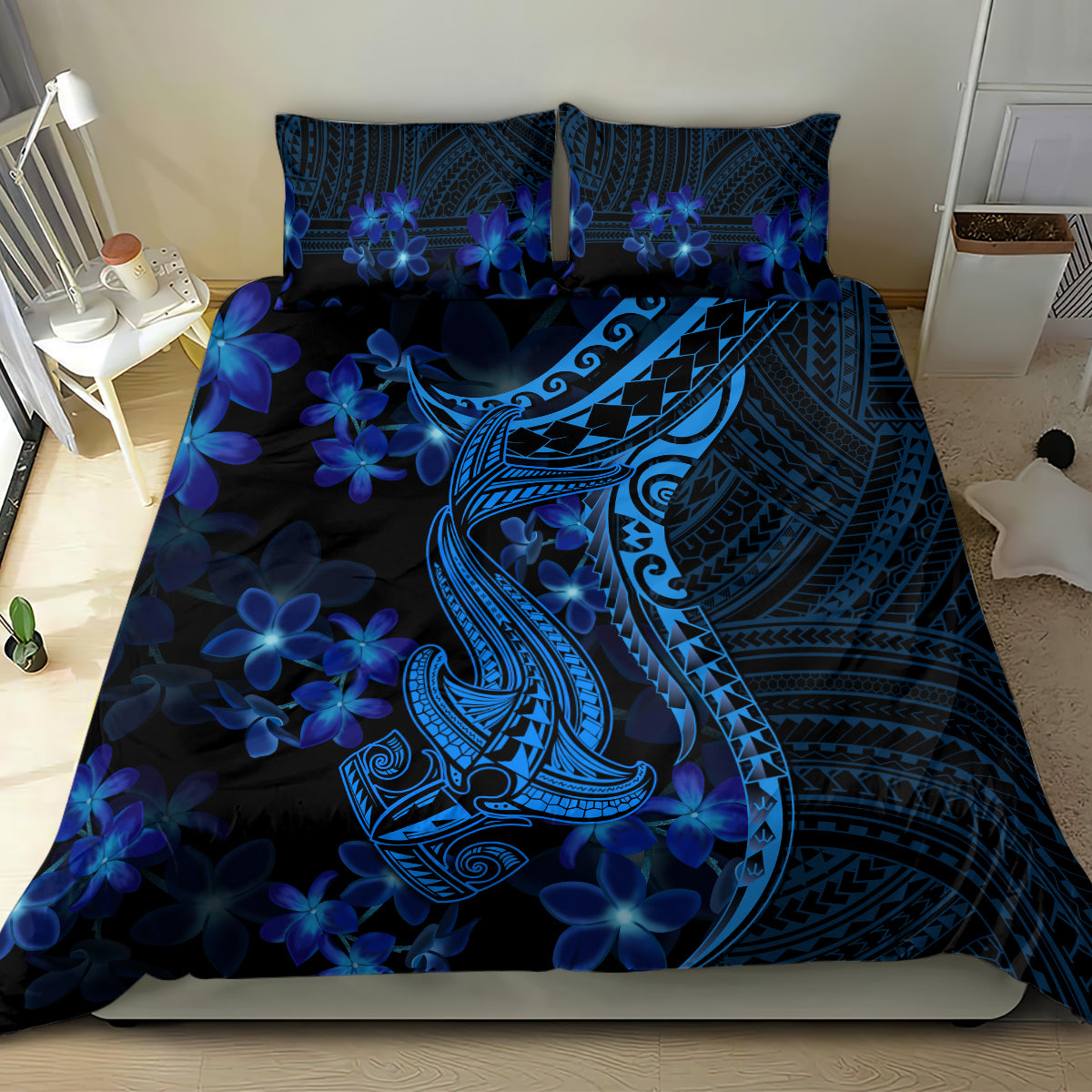 Blue Polynesia Shark Tattoo Bedding Set With Polynesian Plumeria LT14 - Polynesian Pride