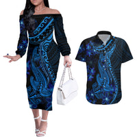 Blue Polynesia Shark Tattoo Couples Matching Off The Shoulder Long Sleeve Dress and Hawaiian Shirt With Polynesian Plumeria LT14 Blue - Polynesian Pride