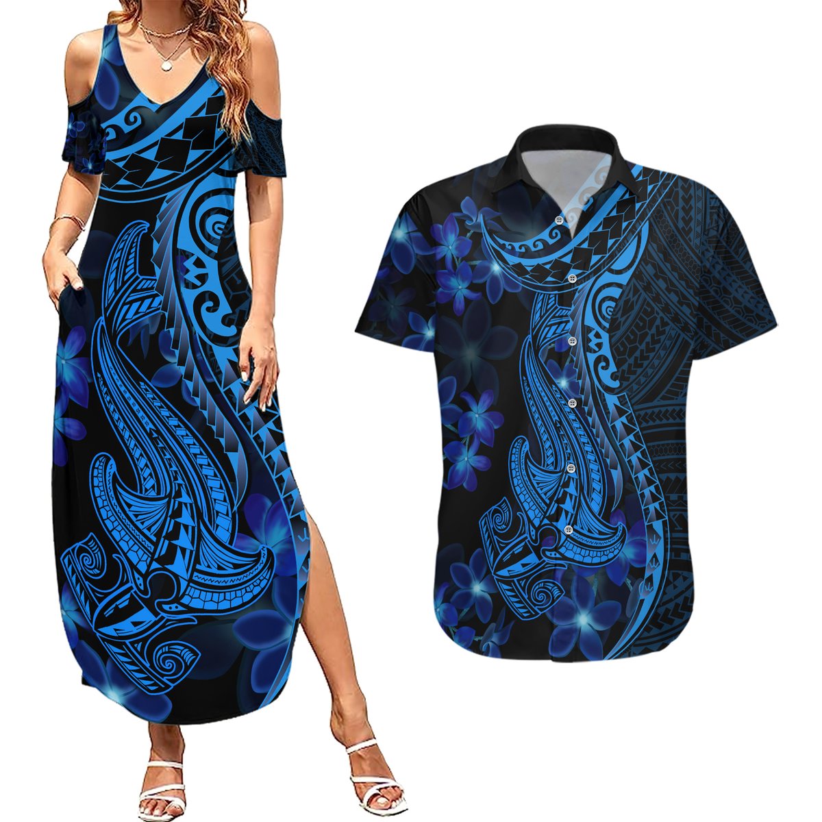 Blue Polynesia Shark Tattoo Couples Matching Summer Maxi Dress and Hawaiian Shirt With Polynesian Plumeria LT14 Blue - Polynesian Pride