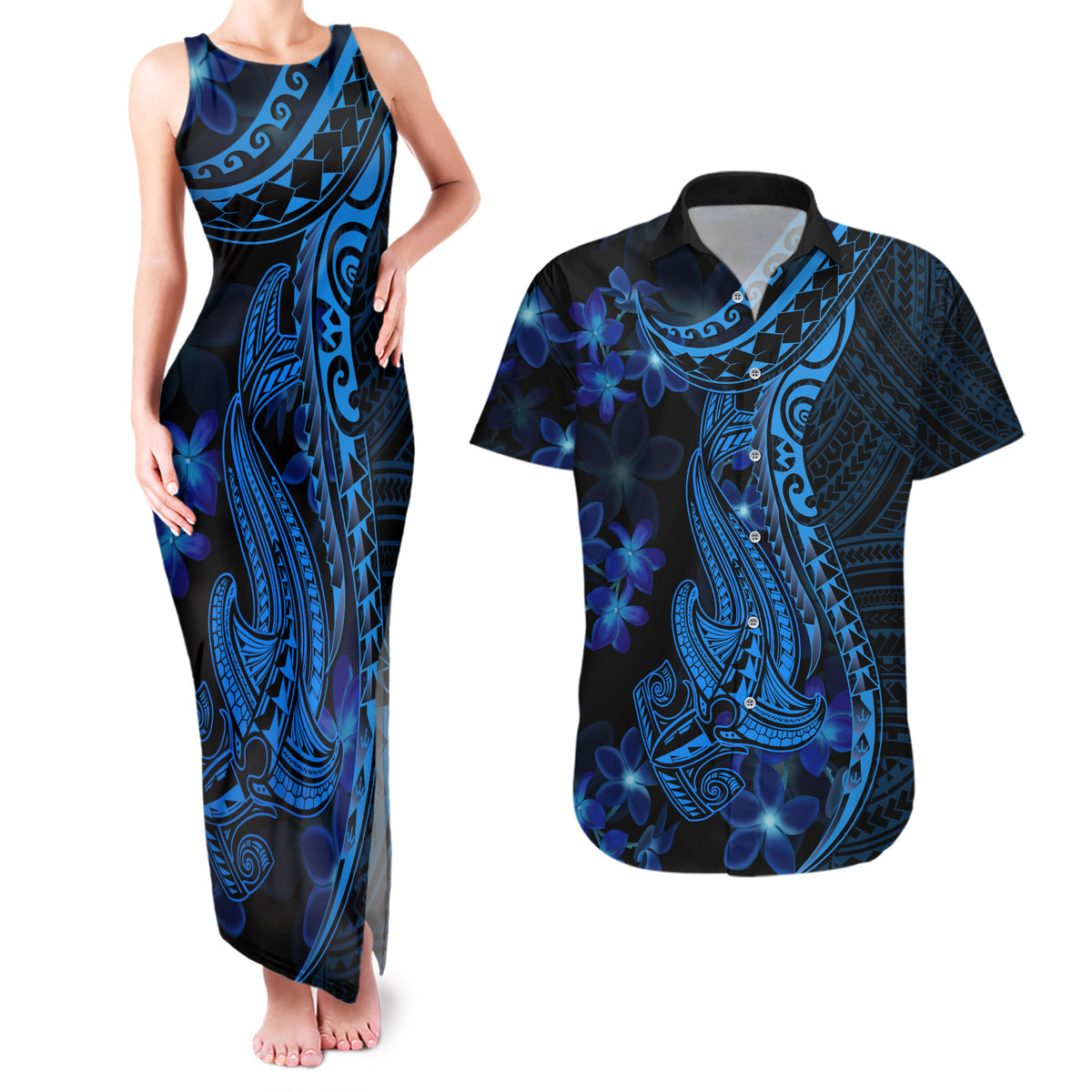 Blue Polynesia Shark Tattoo Couples Matching Tank Maxi Dress and Hawaiian Shirt With Polynesian Plumeria LT14 Blue - Polynesian Pride