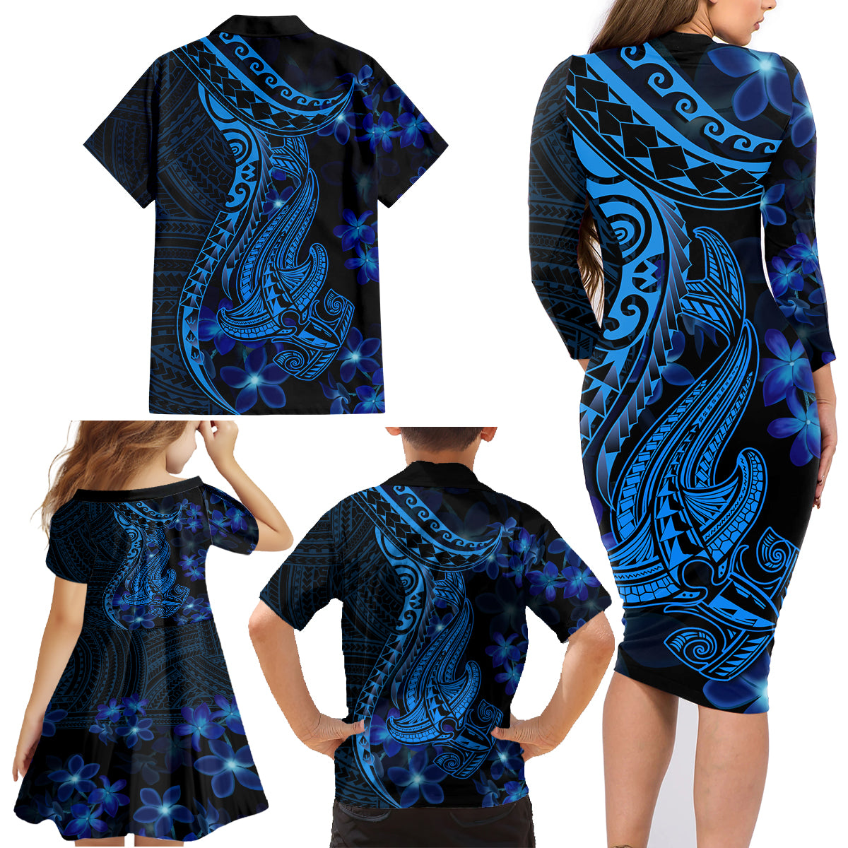 Blue Polynesia Shark Tattoo Family Matching Long Sleeve Bodycon Dress and Hawaiian Shirt With Polynesian Plumeria LT14 - Polynesian Pride
