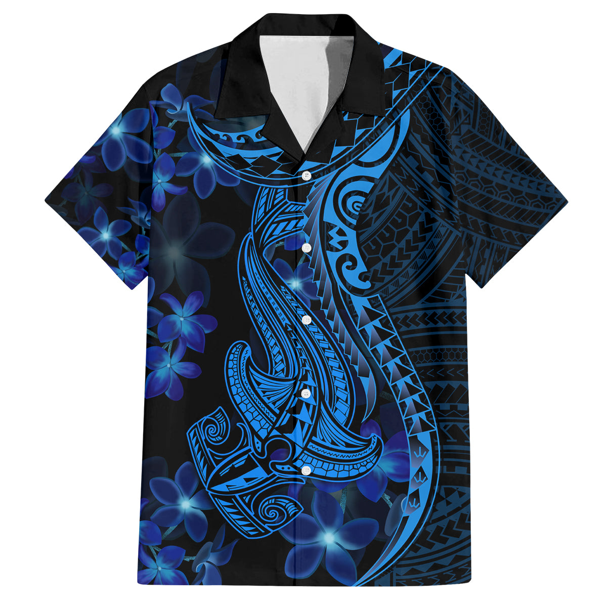 Blue Polynesia Shark Tattoo Family Matching Long Sleeve Bodycon Dress and Hawaiian Shirt With Polynesian Plumeria LT14 Dad's Shirt - Short Sleeve Blue - Polynesian Pride