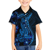 Blue Polynesia Shark Tattoo Family Matching Off Shoulder Long Sleeve Dress and Hawaiian Shirt With Polynesian Plumeria LT14 Son's Shirt Blue - Polynesian Pride
