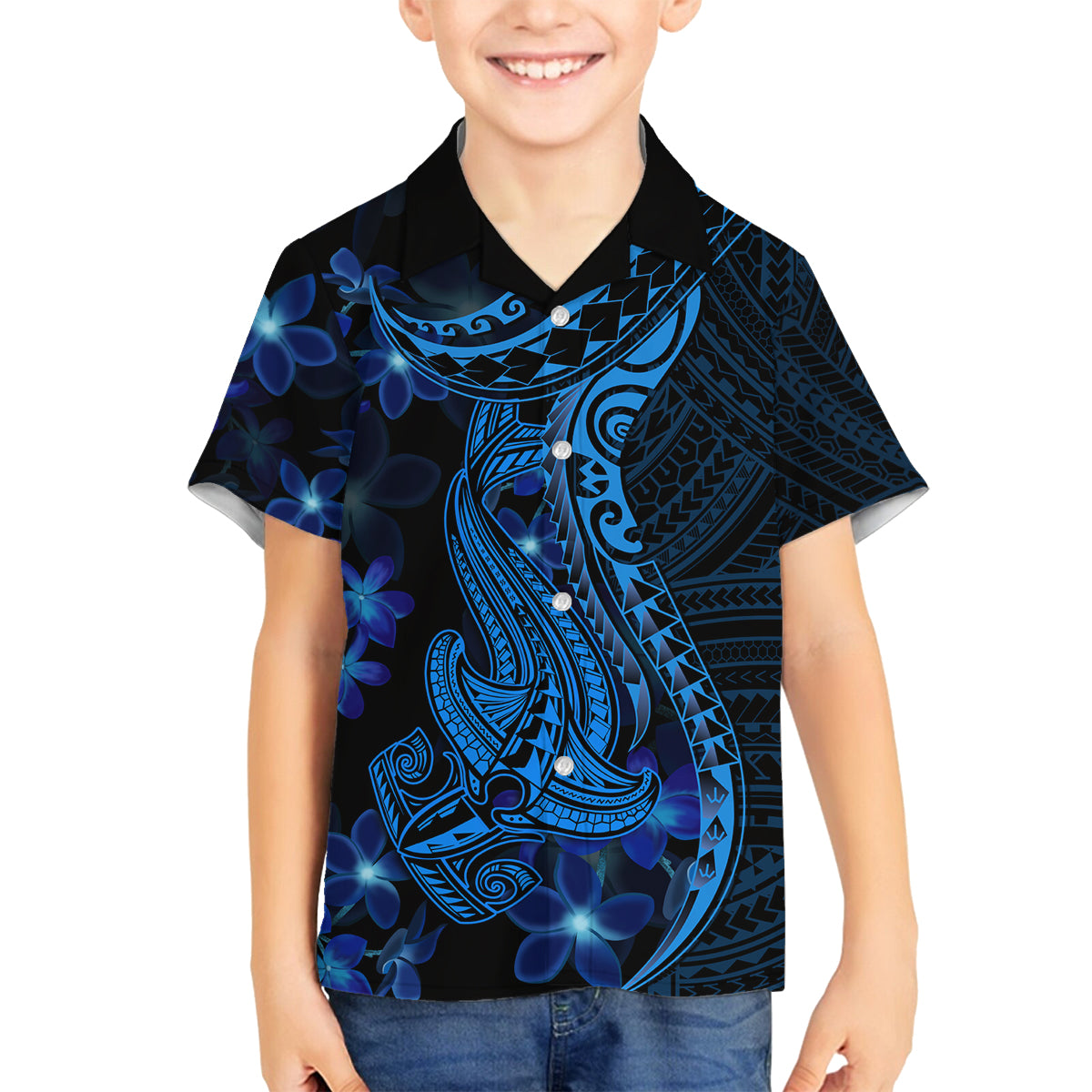 Blue Polynesia Shark Tattoo Family Matching Off Shoulder Short Dress and Hawaiian Shirt With Polynesian Plumeria LT14 Son's Shirt Blue - Polynesian Pride