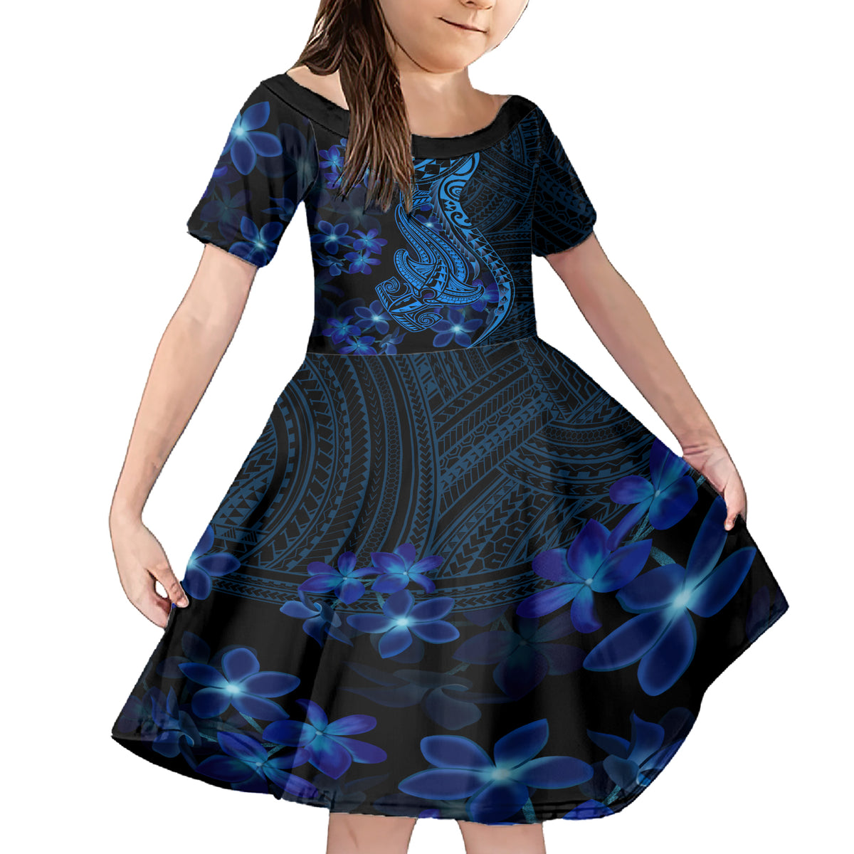 Blue Polynesia Shark Tattoo Family Matching Short Sleeve Bodycon Dress and Hawaiian Shirt With Polynesian Plumeria LT14 Daughter's Dress Blue - Polynesian Pride