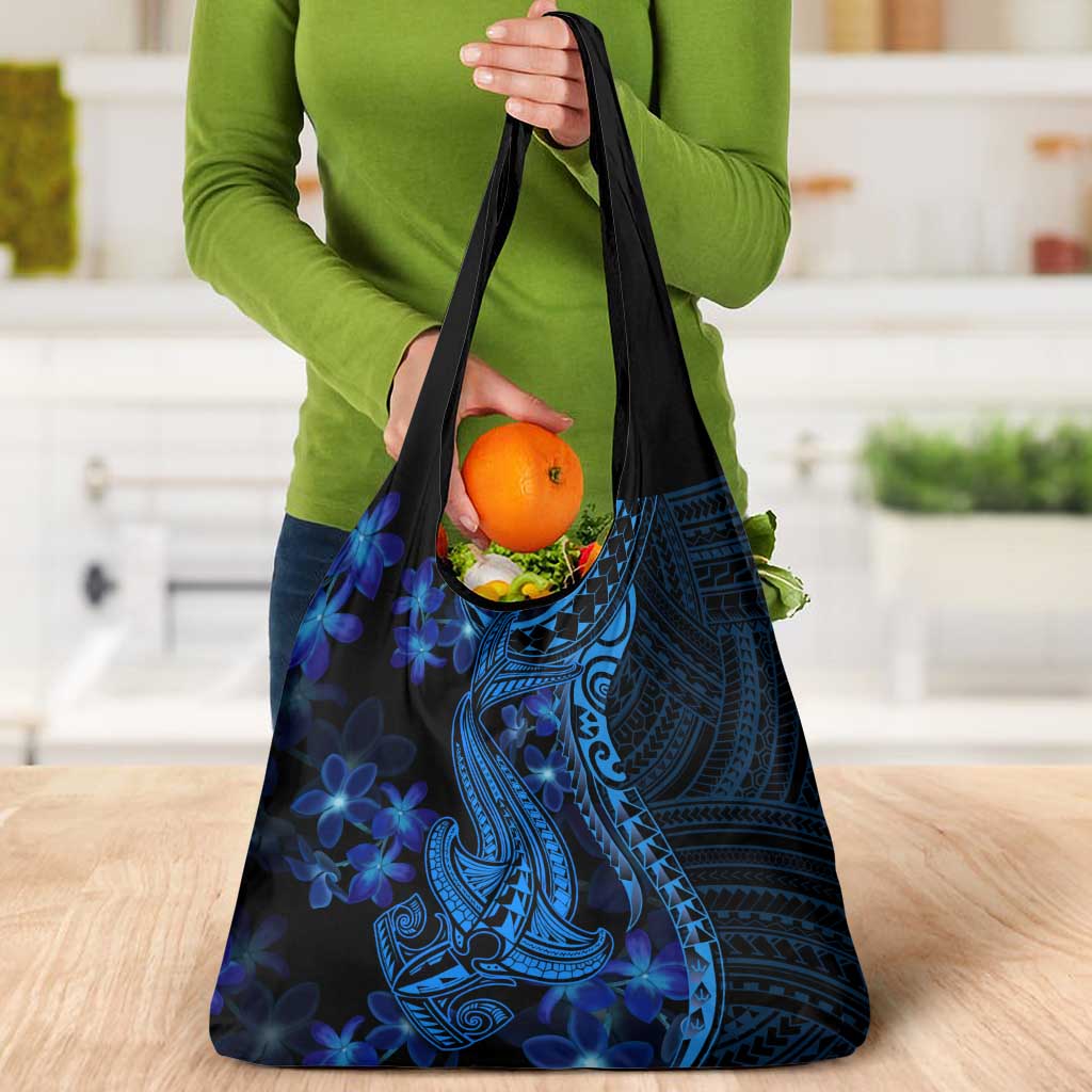 Blue Polynesia Shark Tattoo Grocery Bag With Polynesian Plumeria