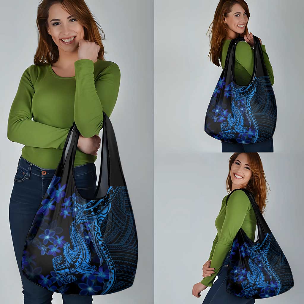 Blue Polynesia Shark Tattoo Grocery Bag With Polynesian Plumeria