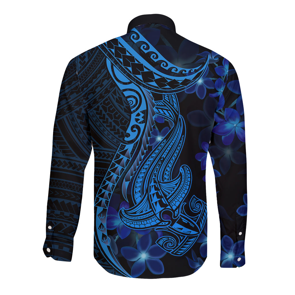 Blue Polynesia Shark Tattoo Long Sleeve Button Shirt With Polynesian Plumeria LT14 - Polynesian Pride
