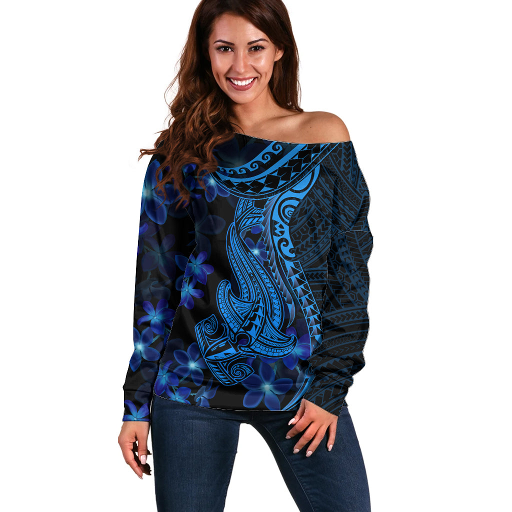 Blue Polynesia Shark Tattoo Off Shoulder Sweater With Polynesian Plumeria LT14 Women Blue - Polynesian Pride