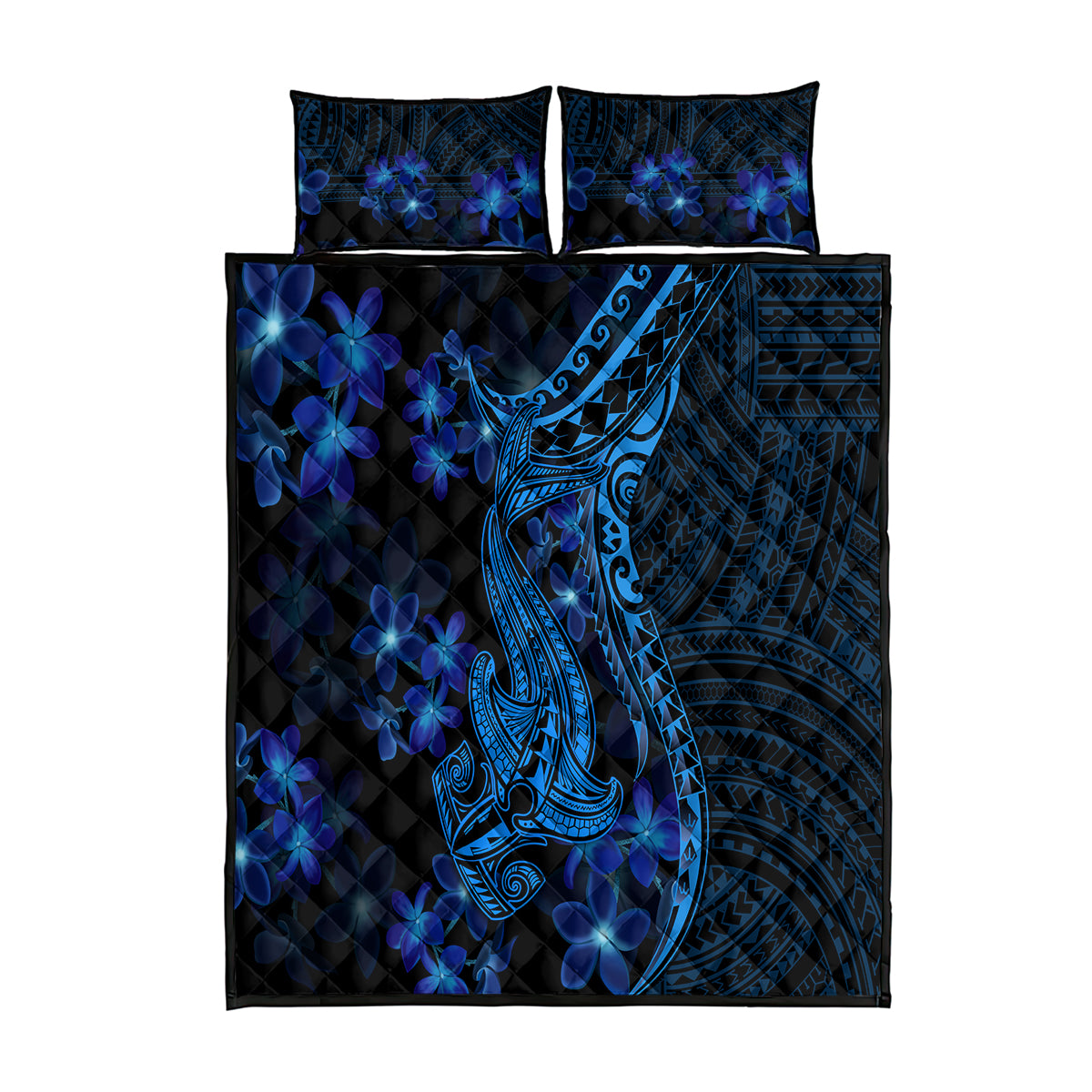 Blue Polynesia Shark Tattoo Quilt Bed Set With Polynesian Plumeria LT14 Blue - Polynesian Pride