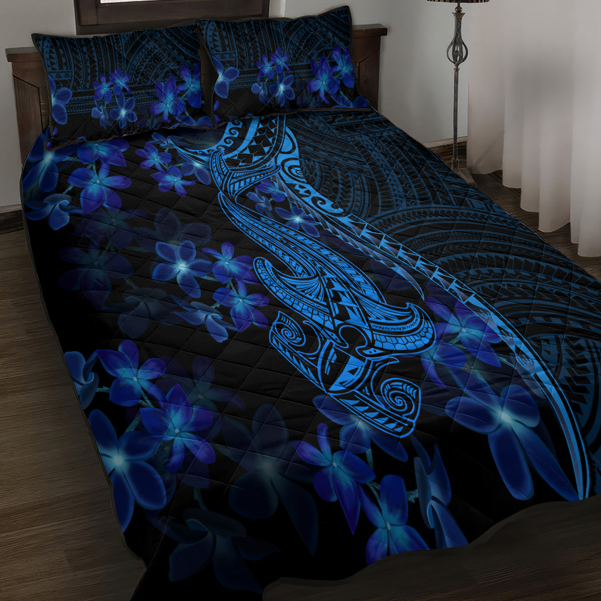 Blue Polynesia Shark Tattoo Quilt Bed Set With Polynesian Plumeria LT14 - Polynesian Pride