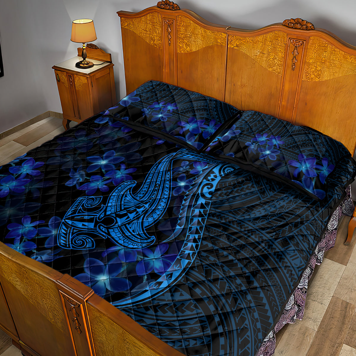 Blue Polynesia Shark Tattoo Quilt Bed Set With Polynesian Plumeria LT14 - Polynesian Pride