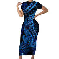 Blue Polynesia Shark Tattoo Short Sleeve Bodycon Dress With Polynesian Plumeria LT14 Long Dress Blue - Polynesian Pride