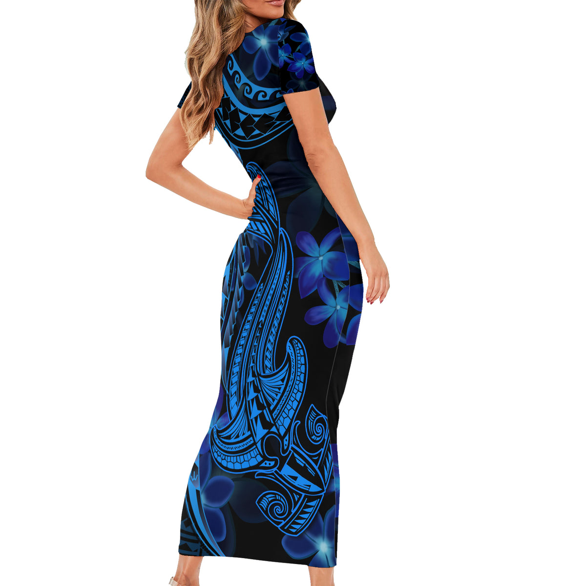 Blue Polynesia Shark Tattoo Short Sleeve Bodycon Dress With Polynesian Plumeria LT14 - Polynesian Pride