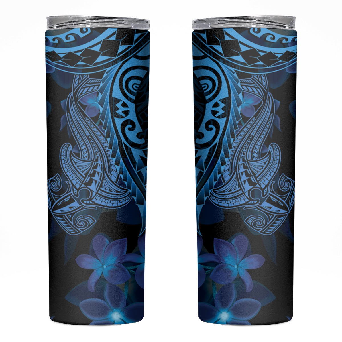 Blue Polynesia Shark Tattoo Skinny Tumbler With Polynesian Plumeria